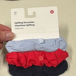 NWT Lululemon athletica Uplifting Scrunchies Trio - Light Blue, Red, Navy